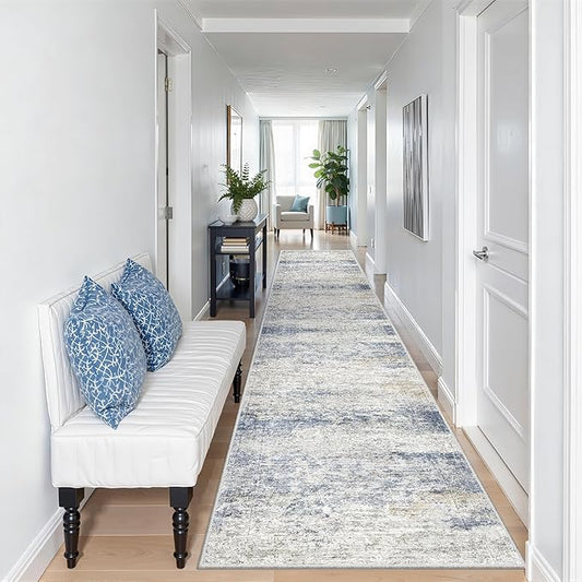Long Hallway Runner Rug- Carpet Runners for Hallway 12ft, Anti Slip Backing Washable Rug Runner for Entrance, Living Room, Soft Low Pile Modern Rug Runner(2'x12', Blue/Brown/Ivory)