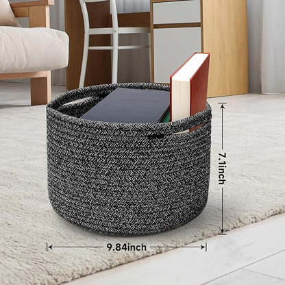 Small Rope Baskets for Storage, Baskets for Gifts Empty, Cute Round Woven Basket, Decorative Shelf Baskets 9.82×9.82×7.1", Cotton Toy Basket Storage Bins for Organizer 3 Packs Black