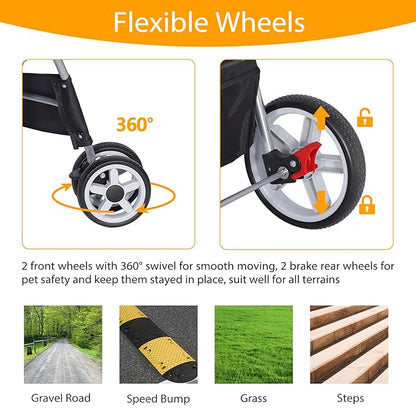 4 Wheels Dog Stroller Folding Pet Strolling Cart for Small Medium Cats Puppies Portable Jogger Travel Camping Puppy Carrier with Storage Basket Cup Holder, Black