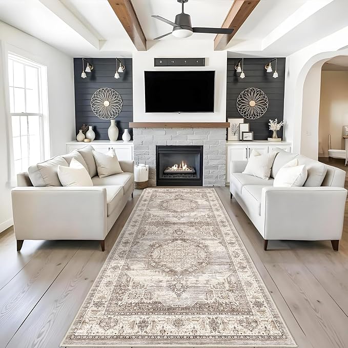 4x10 Washable Hallway Runner Rug: Oriental Living Room Entry Extra Wide Area Rug Ultra Soft Non Slip Runners for Kitchen Dining Room Stain Resistant Low Pile Floor Mat for Bathroom Bedroom(Beige,4x10)