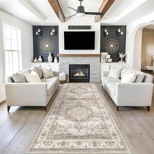 4x10 Washable Hallway Runner Rug: Oriental Living Room Entry Extra Wide Area Rug Ultra Soft Non Slip Runners for Kitchen Dining Room Stain Resistant Low Pile Floor Mat for Bathroom Bedroom(Beige,4x10)