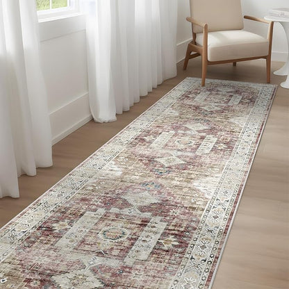 RUUGME Washable Runner Rug 2'6x12 - Hallway Runner Rug with Non Slip Backing Stain Resistant Rugs for Living Room Bedroom Vintage Distressed Mat Soft Floor Carpet for Bathroom (2'6''x12', Brick)