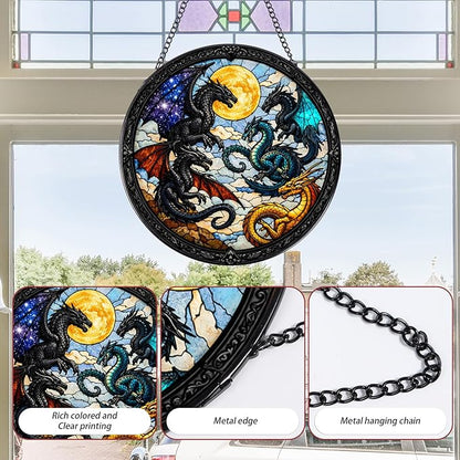 Stained Glass Window Hanging, 7.8″ Dragon Sun Catchers Art Decor Indoor Window, Decorative Suncatchers Hanging Ornaments Home Garden Birthday Gift for Men