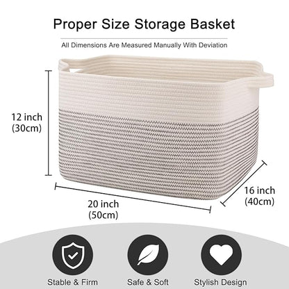 OIAHOMY Large Storage Basket, Cotton Rope Woven Blanket Basket, Toy Bin for Baby Room, Container for Blanket Storage in Living Room, 20''×16''×12'', Black & White