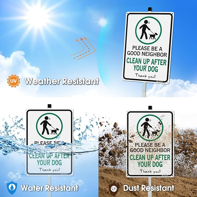 T&R Please Be A Good Neighbor Clean Up After Your Dog Sign with 36" Stake for Outside - 2 Pack - 14"x10" .040 Rust Free Heavy Aluminum, Reflective, Waterproof, Weatherproof and Fade Resistant, 6 pre-drilled holes,Includes Matching Screws & Wrench, Easy...