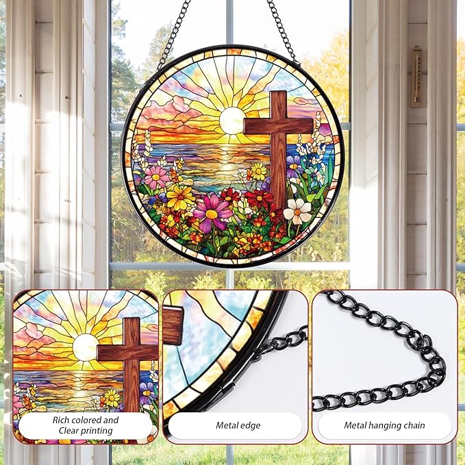 Cross Flower Stained Glass Window Hanging Gift, 7.8″ Sun Catchers Indoor Window Decor, Decorative Suncatchers Home Garden Art Religious Gift for Thanksgiving Christmas Housewarming