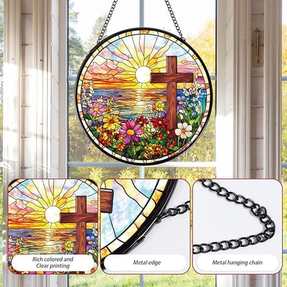 Cross Flower Stained Glass Window Hanging Gift, 7.8″ Sun Catchers Indoor Window Decor, Decorative Suncatchers Home Garden Art Religious Gift for Thanksgiving Christmas Housewarming
