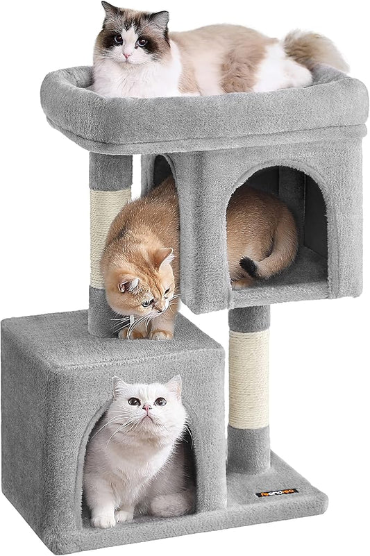 Feandrea Cat Tree, 29.1-Inch Cat Tower, Plush Condo for Medium Cats up to 11 lb, Large Perch, 2 Caves, Scratching Post, Light Gray UPCT612W01