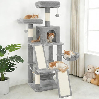 Gitelsnour Multi-Level Cat Tree for Indoor Cats, Cat Tower with 2 Scratching Boards, 2 Plush Padding Platforms, Cat Condo House with Hammock, Basket, Light Gray GCT022W