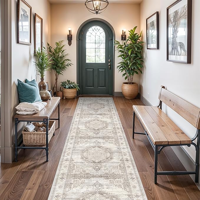 Washable 3x20 Extra Long Runners: Oriental Non-Slip Hallway Runner Rugs for Kitchen Dining Room Indoor Farmhouse Thin Entryway Mat Stain Resistant Soft Carpet for Living Room Bedroom (Beige,3x20)