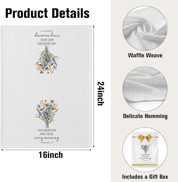 Christian Kitchen Towel, Waffle Weave Microfiber Scripture Hand Towel, His Mercies are New Every Morning Bible Verse Farmhouse Decor for Kitchen Bathroom, Inspirational Gift for Women