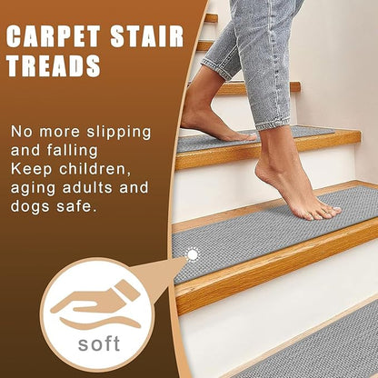 Natural Linen Stair Treads for Wooden Steps Indoor,8" X 30" (7 in Pack) Carpet Stair Treads for Wood Stairs, Machine Washable Stair Runners for Kids Elders and Pets,Ash Grey