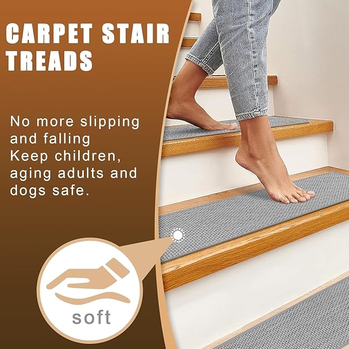 Natural Linen Stair Treads for Wooden Steps Indoor,8" X 30" (4 in Pack) Carpet Stair Treads for Wood Stairs, Machine Washable Stair Runners for Kids Elders and Pets,Ash Grey