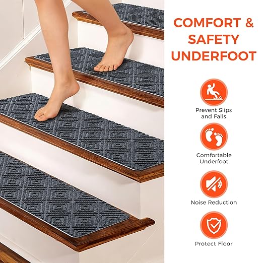 BAGAIL 15 Pack Non-Slip Stair Treads for Wooden Steps, 8"x30" Peel and Stick Carpet Stair Runners, Machine Washable Indoor Step Covers with No-Residue Adhesive for Dogs, Kids & Elderly - Dark Gray