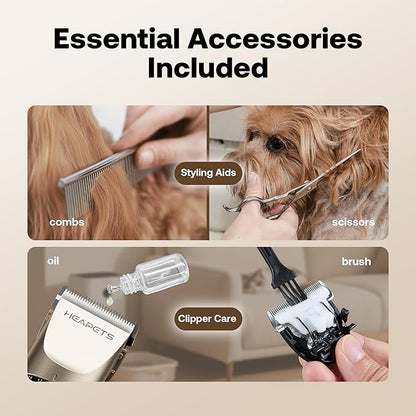Dog Hair Clippers for Grooming Kit and Dog Paw Trimmer Nail Grinder for Grooming, Low Noise Rechargeable Cordless, Shaver Grooming Supplies for Pet Cats Dogs (Gold, White)