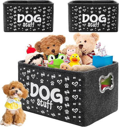 3 Pack Dog Toy Bin Basket, Large Pet Puppy Storage Bin Box with Handles, Collapsible Felt Storage Bin Basket for Dog Toys, Blankets, Pet Supplies Storage, Dog Room Decor