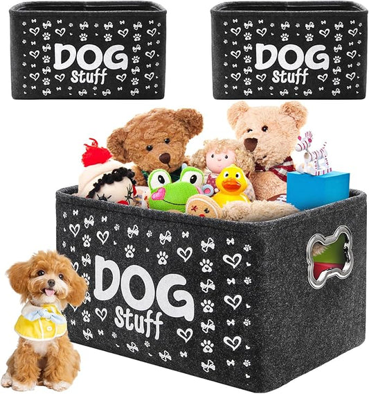 3 Pack Dog Toy Bin Basket, Large Pet Puppy Storage Bin Box with Handles, Collapsible Felt Storage Bin Basket for Dog Toys, Blankets, Pet Supplies Storage, Dog Room Decor