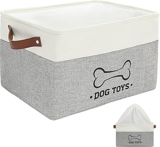 Homimp Dog Toy Basket, Dog Toy Bin Box with Comfortable Handles and Cover, Collapsible Large Pet Toy Storage Organizer for Accessories, Toys, Coat & Clothing, Blanket & Leash, Gray, 15"x11"x9"
