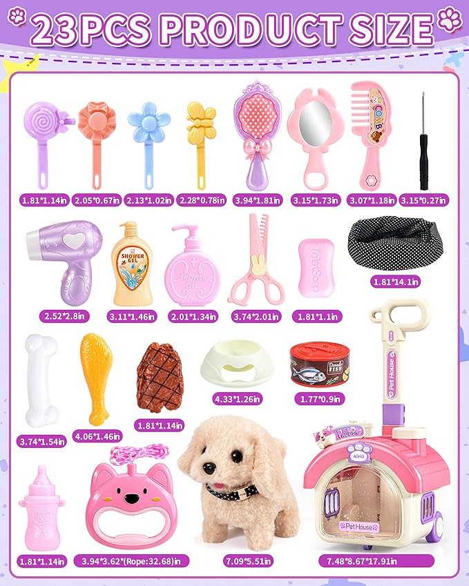 23Pcs Dog Toys for Kids Girls, Walking Barking Interactive Realistic Stuffed Dog with Portable Puppy Stroller & Accessories Toys, Pretend Puppy Pet Care Playset Gifts for Little Girls 3 4 5 6 Year Old