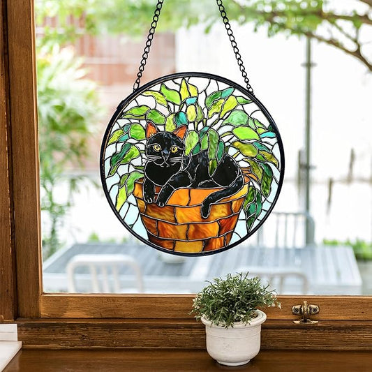 TNUW Black Cat Plant Stained Glass Window Hanging, Black Cat Botanical Sun Catchers Indoor Window Glass Round Wall Art Decor, Wall Hanging Decorations, 7.9＂x7.9＂