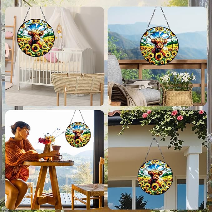 Highland Cow Stained Glass Window Hanging, 7.8" Sunflower Cow Sun Catchers Indoor Window Decor, Suncatchers for Windows Hanging Gifts for Women