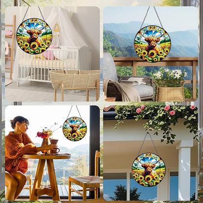 Highland Cow Stained Glass Window Hanging, 7.8" Sunflower Cow Sun Catchers Indoor Window Decor, Suncatchers for Windows Hanging Gifts for Women