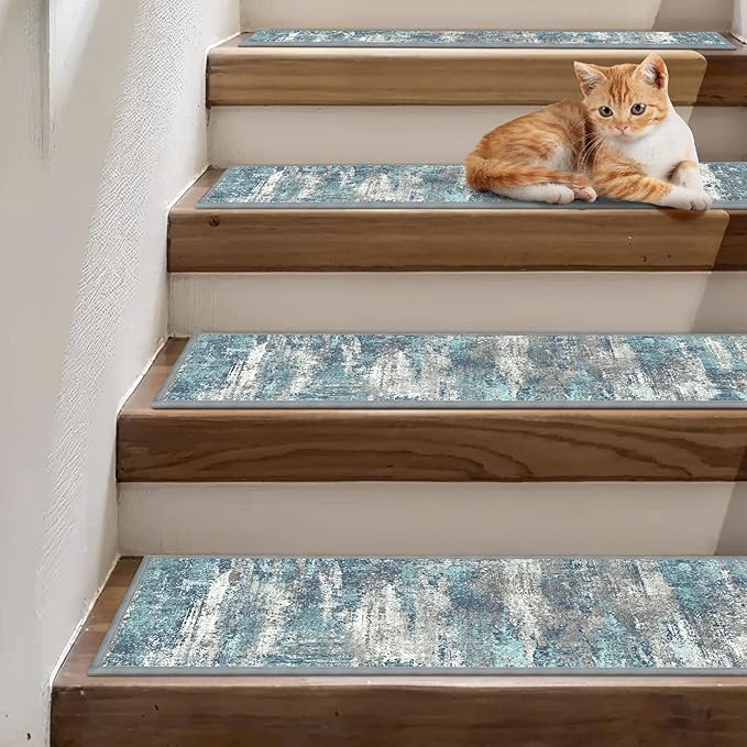 Carpet Stair Treads Non Slip 15PCS, 8" X 30" Edging Stair Runner for Wooden Steps Indoor, Resistant Stair Rugs with Reusable TPE Adhesive Backing, Residue Free Mat for Kids, Elders, Pets, Teal