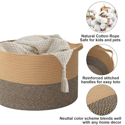 65L Large Blanket Basket,19.7" L x 19.7" W x 13" H Rope Woven Baskets with Handles, Toys Storage Bins,Laundry Basket Perfect for Living Room, Nursery,Bedroom,Home Organization,Jute&Black