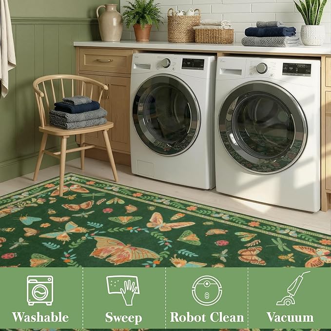 Unirea 2x6 Dark Green Runner Rug, Washable Non Slip Insect Botanical Rug for Hallway, Kitchen, Bathroom, Laundry Room, Entryway, Bedroom, Soft Boho Door Mat Indoor Entrance Bug Rugs, Low Pile Carpet