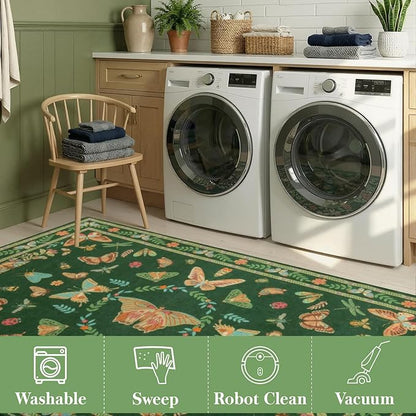 Unirea 2x6 Dark Green Runner Rug, Washable Non Slip Insect Botanical Rug for Hallway, Kitchen, Bathroom, Laundry Room, Entryway, Bedroom, Soft Boho Door Mat Indoor Entrance Bug Rugs, Low Pile Carpet