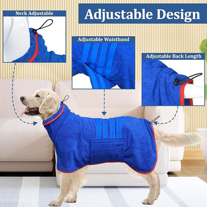 Dog Drying Coat - Fast Drying Bathrobe Towel,Super Absorbent Bath Robe,Microfibre Quick Drying Warm Keeping Dog Robes with Adjustable Collar and Waist(Blue, XX-Large)