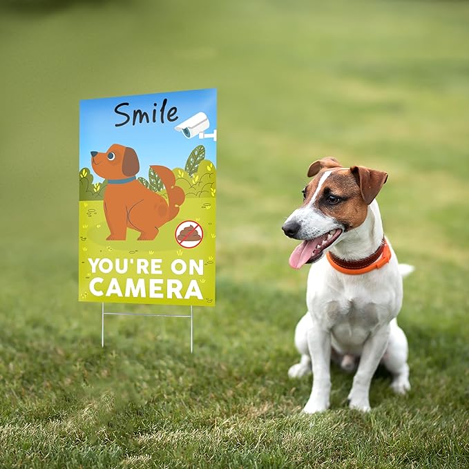 2 PC Smile You're on Camera Signs, 8x12 DS Coroplast No Dog Poop Signs for Yard, Please Curb Your Dog Sign
