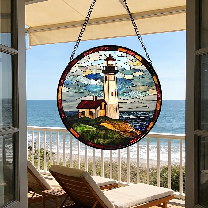 Stained Glass Window Hanging, Ocean Lighthouse Sun Catchers Glass Panel Blue Green Suncatcher Decor for Birthday for Women, Men, Wife, Aunt, and Mom 6.3 in