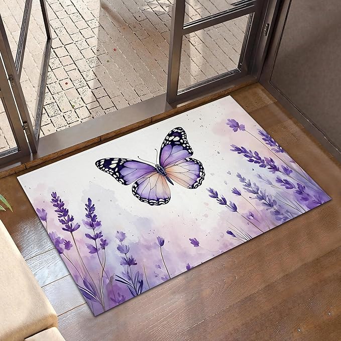 Purple Butterfly Welcome Mat,Watercolor Lavender Indoor Rugs for Entryway,Anti-Slip Low Profile Doormats Porch Mats for Front Door Stairway Rug Living Room Floor Mat 30 x 17 Inch