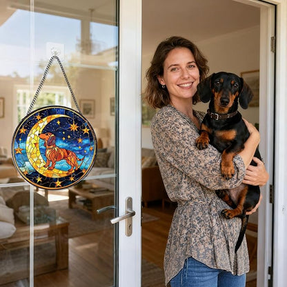 Dachshund Stained Glass Window Hanging Gifts, 7.8″ Weiner Dog Sun Catchers for Indoor Window Decor, Decorative Sun Catchers Home Wall Art Animal Memorial Gift