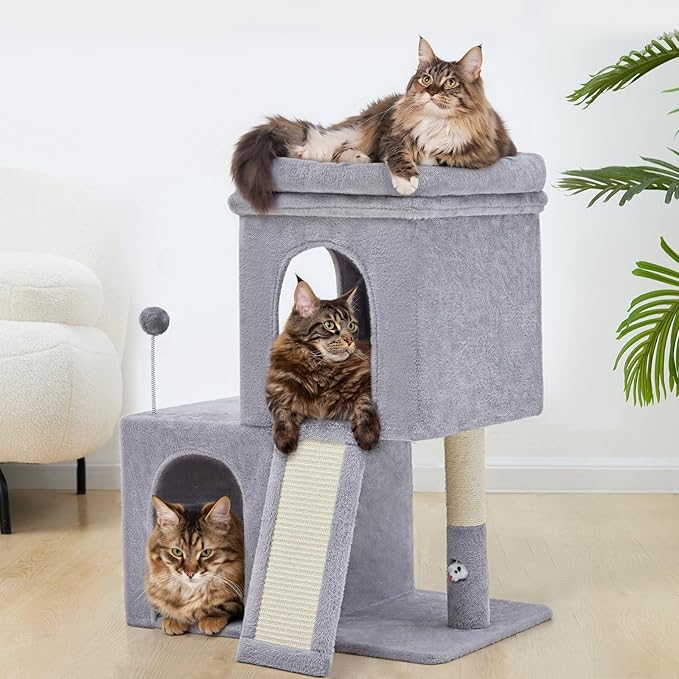 Woochpet 32inch Tall Cat Tree with 2 cat condo for Adult Cats Cozy Cat Tower with Scratching Post and Scrather Board for Cats of Different Ages.（Light Grey）