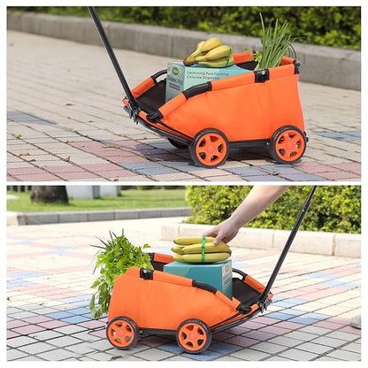 Mini Dog Strollers for Mini Pets, Foldable Multifunctional Shopping Carts with Extendable Pull Handle, Doggie Wagon Built-in Cushion and Safety Rope with Storage Bag (Orange)