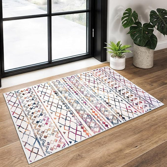 KUTA Moroccan Rugs for Entryway, 2x3 Multi-Color Area Rug Non-Slip Washable Small Indoor Door Mat, Ultra Soft Vintage Geometric Low-Pile Floor Carpet for Entrance, Kitchen
