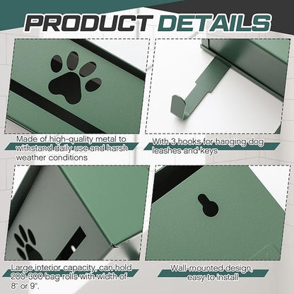 Blulu Wall Mount Dog Poop Bags Dispenser Holder with Hooks Metal 200/300 Single Large Roll Pet Waste Station Bags Dispenser for Outdoor Indoor Home Yard Doggy (Green)