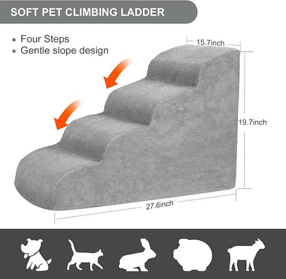 Dog Stairs for Small Dogs, High Density Foam Dog Steps, Extra Wide Non-Slip Pet Ramp for High Beds Or Couch, Soft Doggie Ladder for Dogs Injured, Older Pets, Small Cats (Fleece-Gray, 4 Steps)