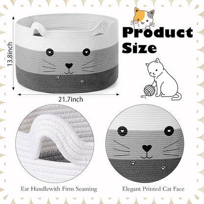 Zopeal Cat Basket Storage Woven Organizer with Ears Easter Decorative Pet Toy Cute Cotton Rope Basket for Gift Cat Dog Toy Bin Nursery Room(21.7 x 13.8 Inch,White, Light Gray and Gray)