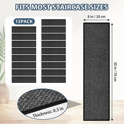 Peel and Stick Stair Carpet Treads for Wooden Steps,15 Pack Indoor Black Stair Mats, Basement Safety Stick On Stair Rug Step Pads for Pet Dog, Elders and Kids