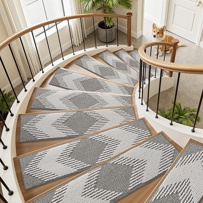 PADOOR 1PC Stair-Treads Non Slip, 3D Peel and Stick Stair Treads for Wooden Steps Indoor, Stair-Carpet Treads Washable Reusable Adhesive Stair-Runner Rugs for Kids and Dogs 8"x30" Grey