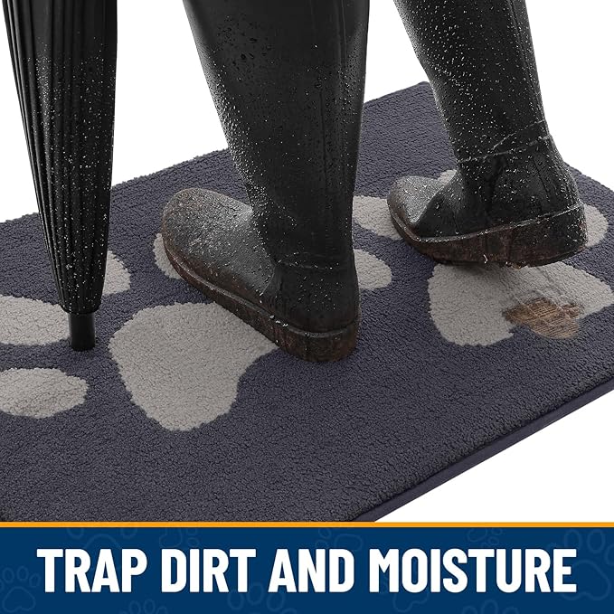 Smiry Dog Door Mat for Muddy Paws, Absorbs Moisture and Dirt, Low-Profile Entryway Mat with Non-Slip Backing, Entry Indoor Outdoor Doormat for Inside Floor (47x20 Inches, Dark Grey, Paw)