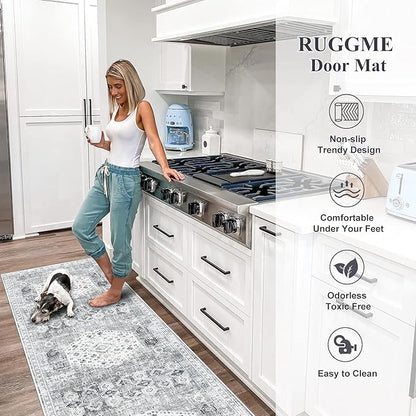 RUUGME 2x7 Washable Runner Rug - Vintage Hallway Rugs Non Slip Stain Resistant Rugs for Kitchen Living Room Bedroom Laundry Room Mat Distressed Rug Carpet Runner for Bathroom 2'x7' Grey