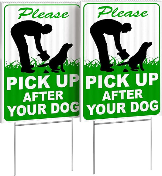 2 PC Pick Up After Your Dog Sign, 8x12 DS Coroplast Please Clean Up After Your Pet Sign with Stake for Lawn Yard