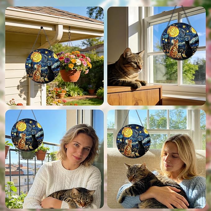 Stained Glass Window Hanging, 7.8″ Cat Oil Painting Sun Catchers with Hook Indoor Window Decor, Decorative Suncatchers Hanging Ornaments Home Garden Art Gift for Housewarming
