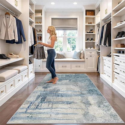 Modern Abstract 4x8 Area Rug: Wide Rugs for Living Room, Bedroom - Machine Washable Non-Slip Soft Carpet - Pets Friendly Low Pile Floor Covering for Home 4x8 Blue