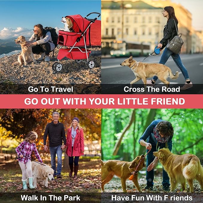 3 Wheels Dog Stroller, Foldable Pet Stroller for Small Medium Dogs, Portable Breathable Cat Stroller Dog Strollers with Storage Basket, Cup Holders, Removable Liner for Travel & Outdoor Use, Red