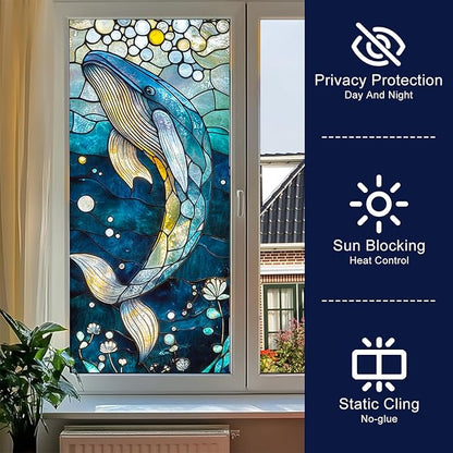 Ocean Whale Mosaic Window Film 18 x 39 Inch Stained Glass Window Cling PVC Privacy Wall Panel Glass Art Underwater Background Indoor Seasonal Backdrop Home Decor